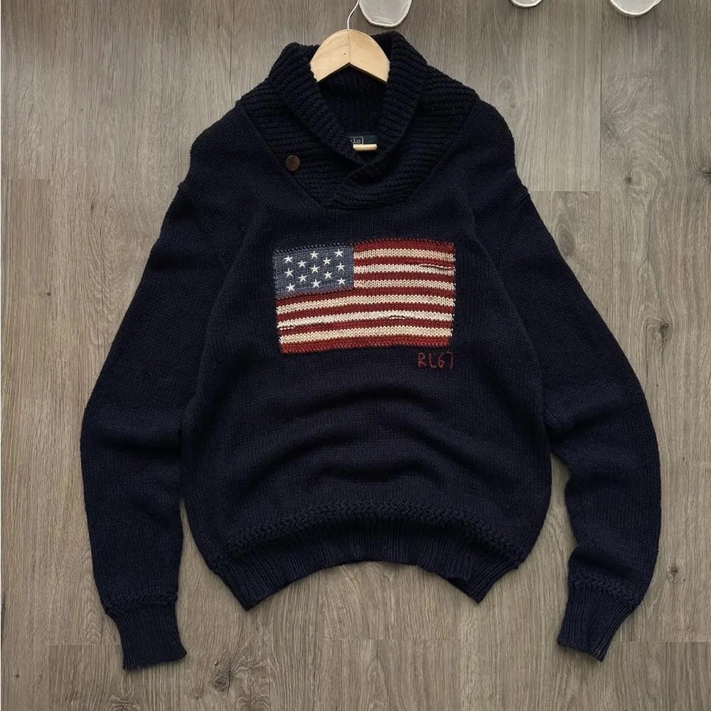 Vintage Polo Ralph Lauren Navy Sweater with American Flag Design